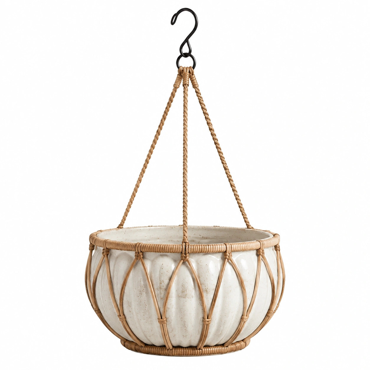Vaso sospeso 30 cm in ceramica e rattan beige per piante stile naturale
