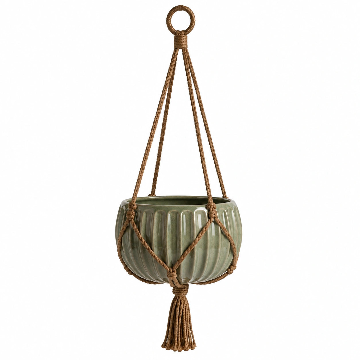 Vaso sospeso Ø 18 cm in ceramica verde con corda intrecciata per piante da interno