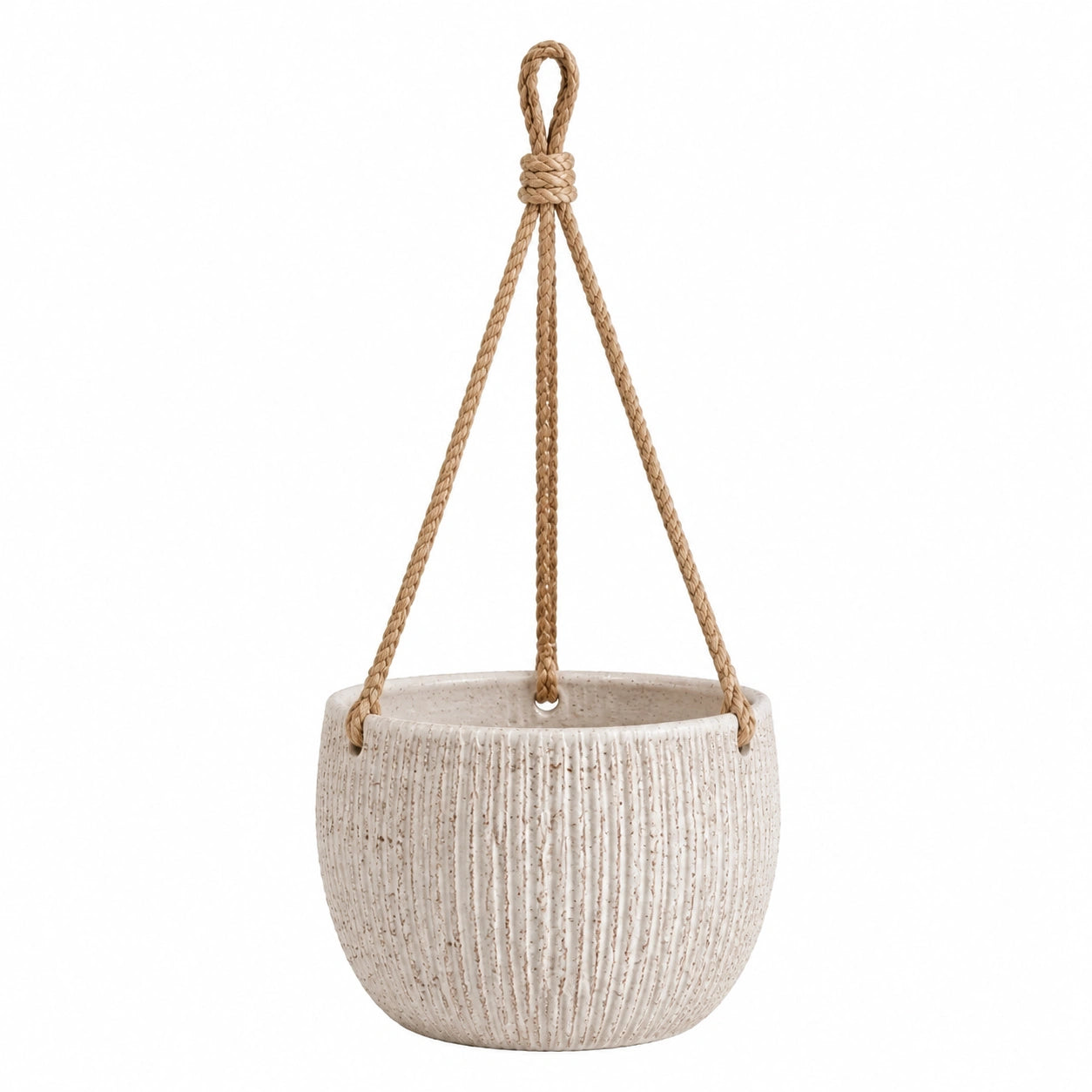 Vaso sospeso 20 cm in ceramica beige con corda intrecciata per piante da interno