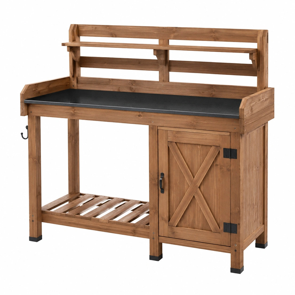 Banco da lavoro da giardino 120 x 60 x 170 cm in legno marrone con piano nero e armadio - postazione per rinvaso
