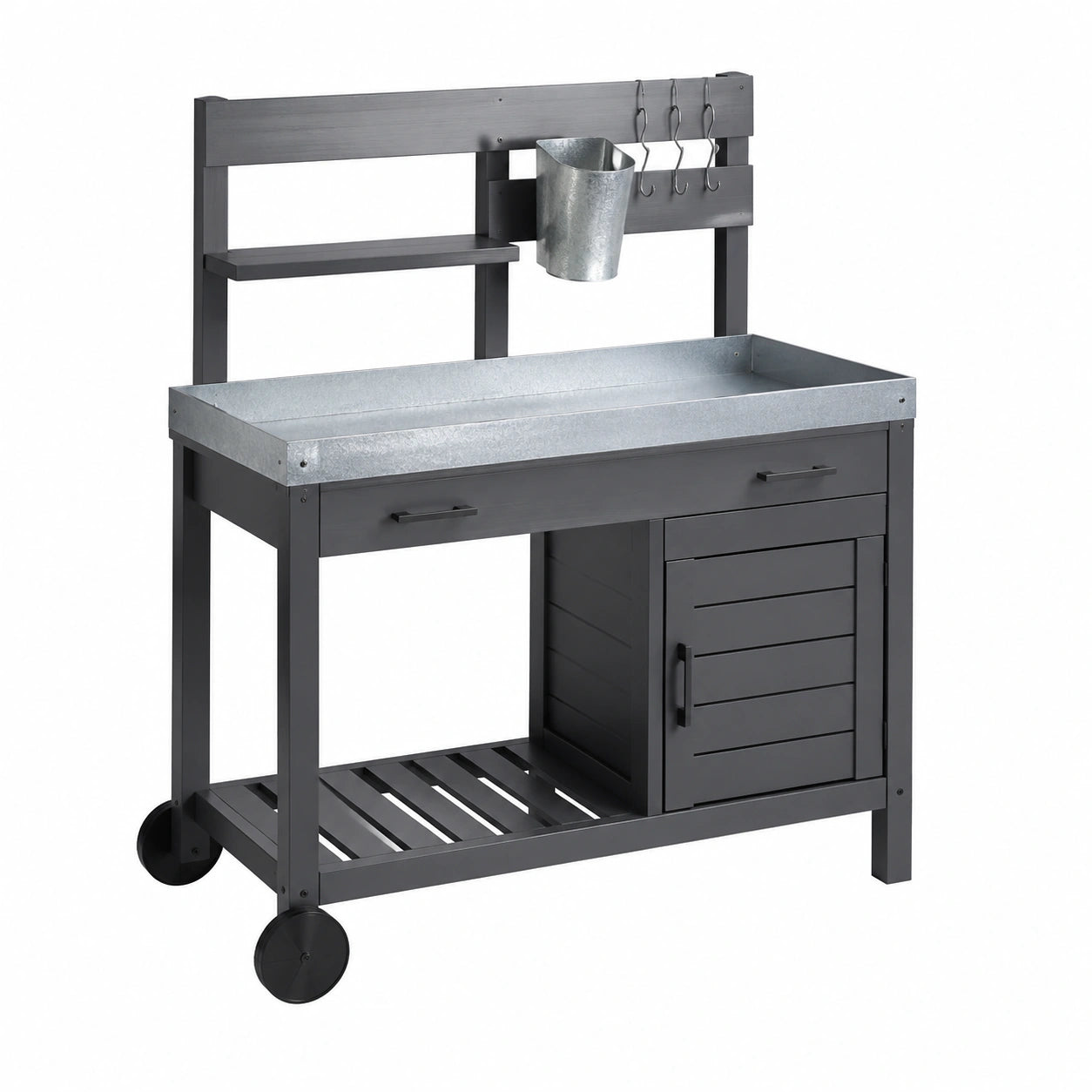 Banco da giardinaggio 120 x 55 x 160 cm in legno e metallo nero grigio con vaschetta zincata e ruote