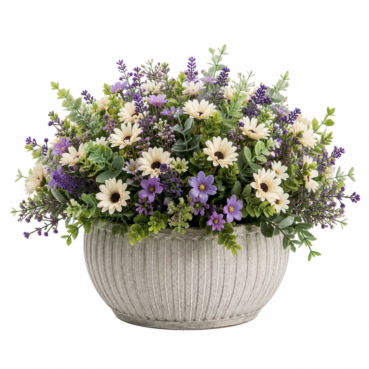 Pianta artificiale in vaso 45 cm fiori crema e viola con fogliame verde stile rustico