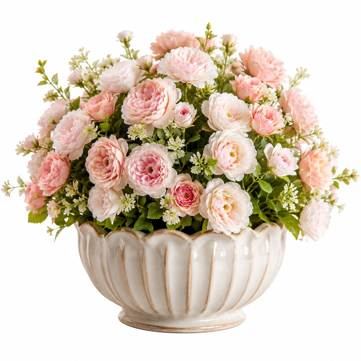 Pianta artificiale in vaso 45 cm fiori rosa e crema in ceramica decorativa