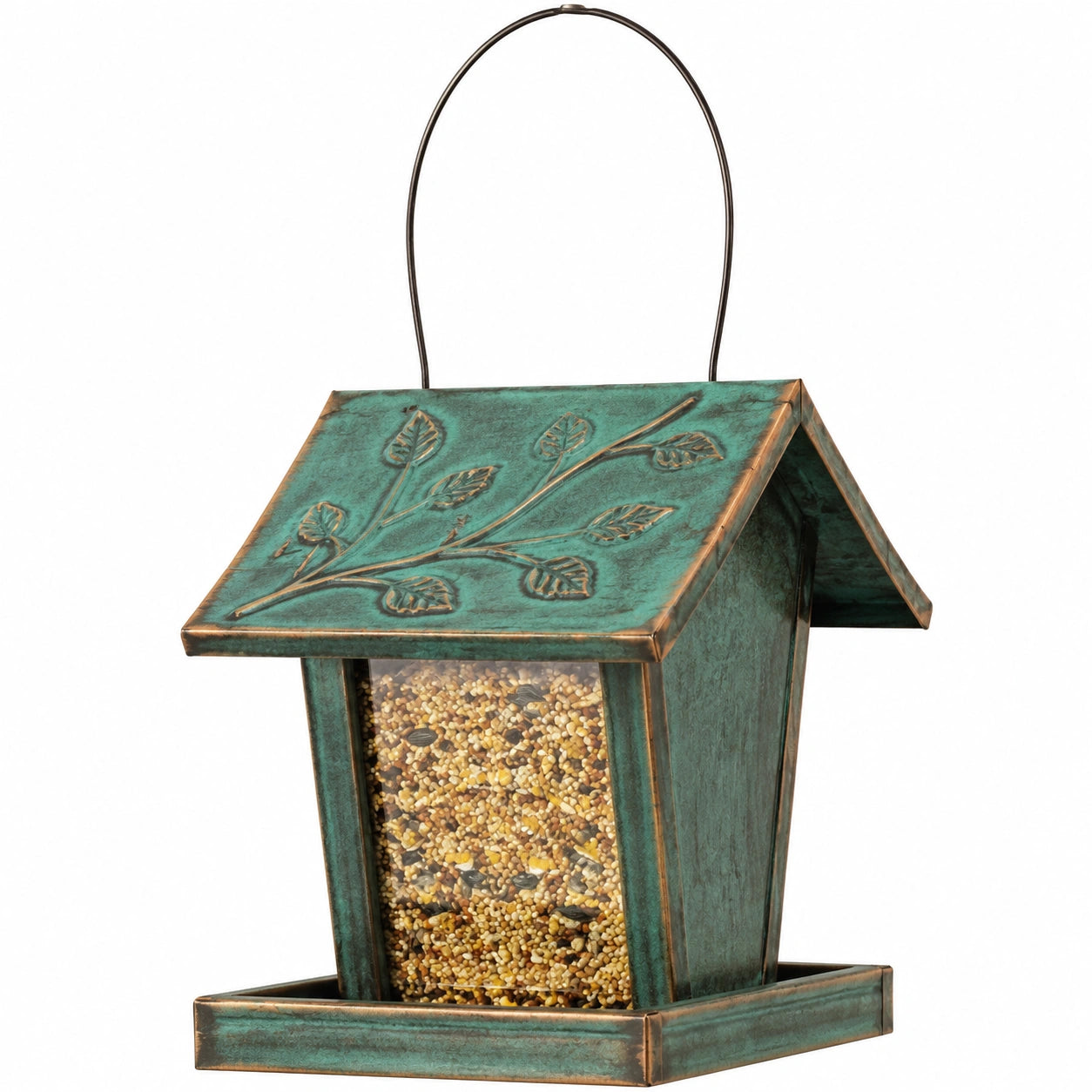 Mangiatoia per uccelli sospesa 20 x 18 x 30 cm in metallo verde con tetto decorativo