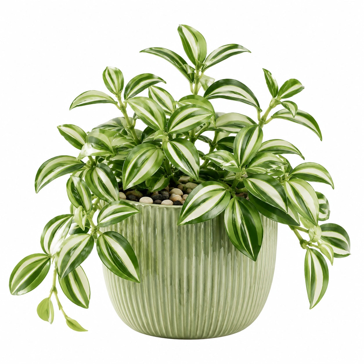 Pianta verde artificiale 55 cm in plastica verde e bianco con vaso in ceramica decorativo