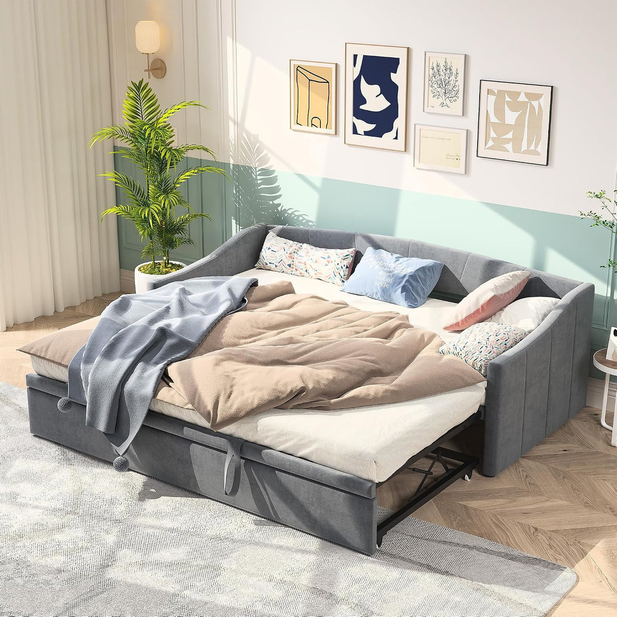 Sofa, BestAlice, 180 x 200 cm, Szary, MDF, funkcja spania, składana konstrukcja, modułowa konstrukcja