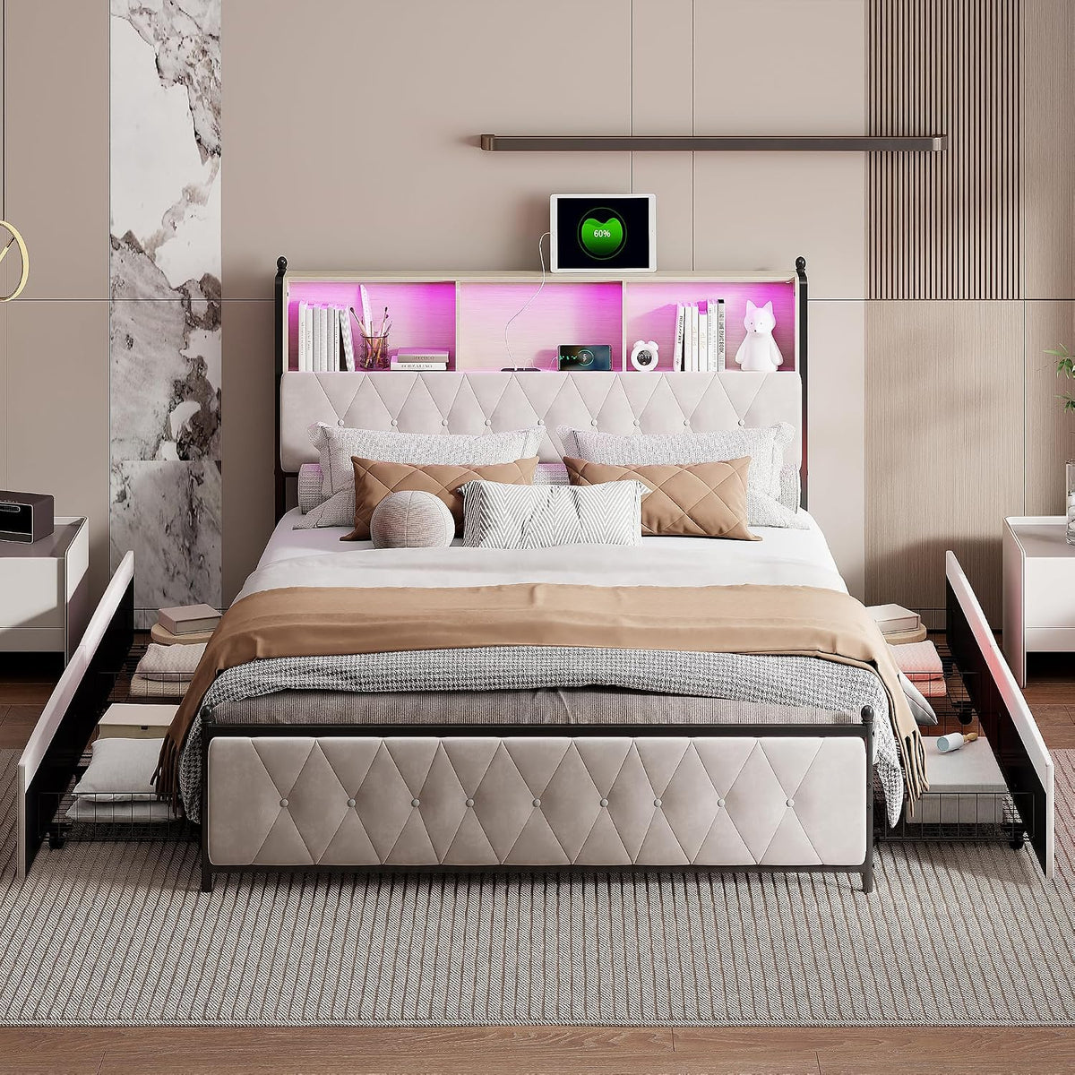 Łóżko tapicerowane, Henunem, 180 x 200 cm, Beżowy, metal, oświetlenie LED, USB