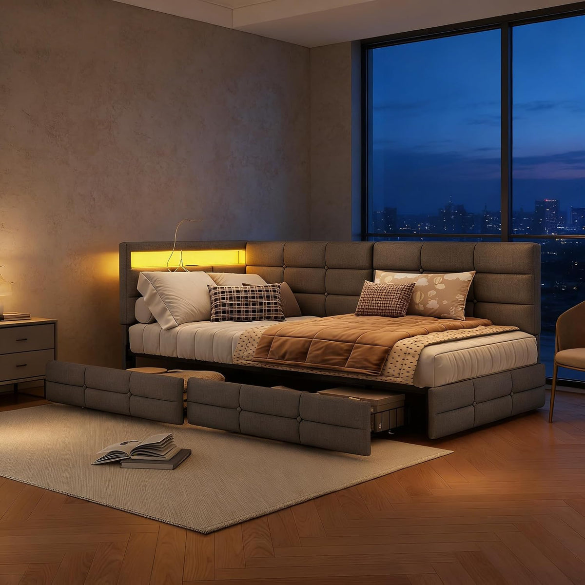 DAHUEN, Sofa, 90 x 200 cm, Brązowy/Niebieski, metal, funkcja spania, 2 szuflad, oświetlenie LED, USB