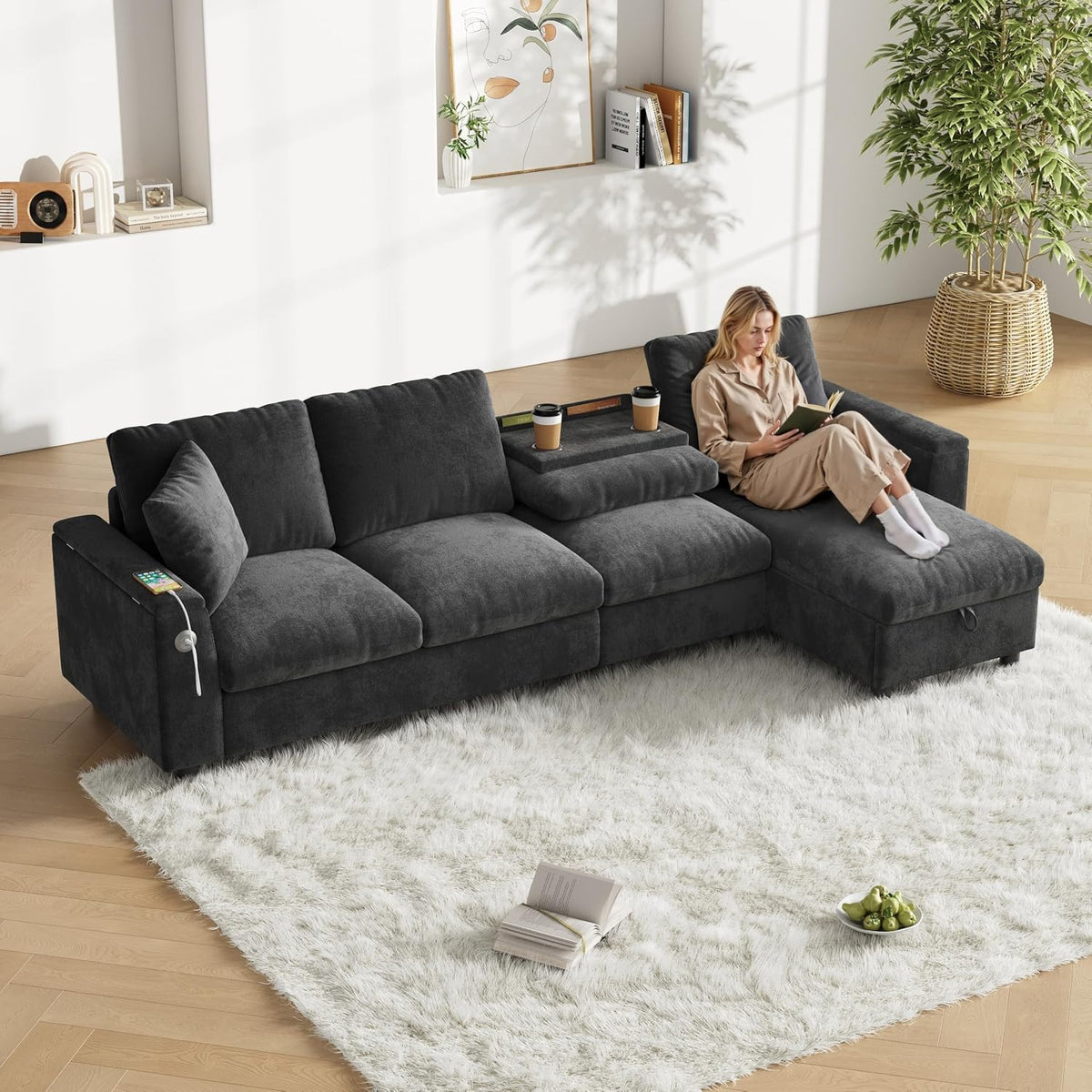 dowowdo, Sofa narożna, Szary, metal, miejsce do przechowywania, modułowa konstrukcja, USB, pilot zdalnego sterowania