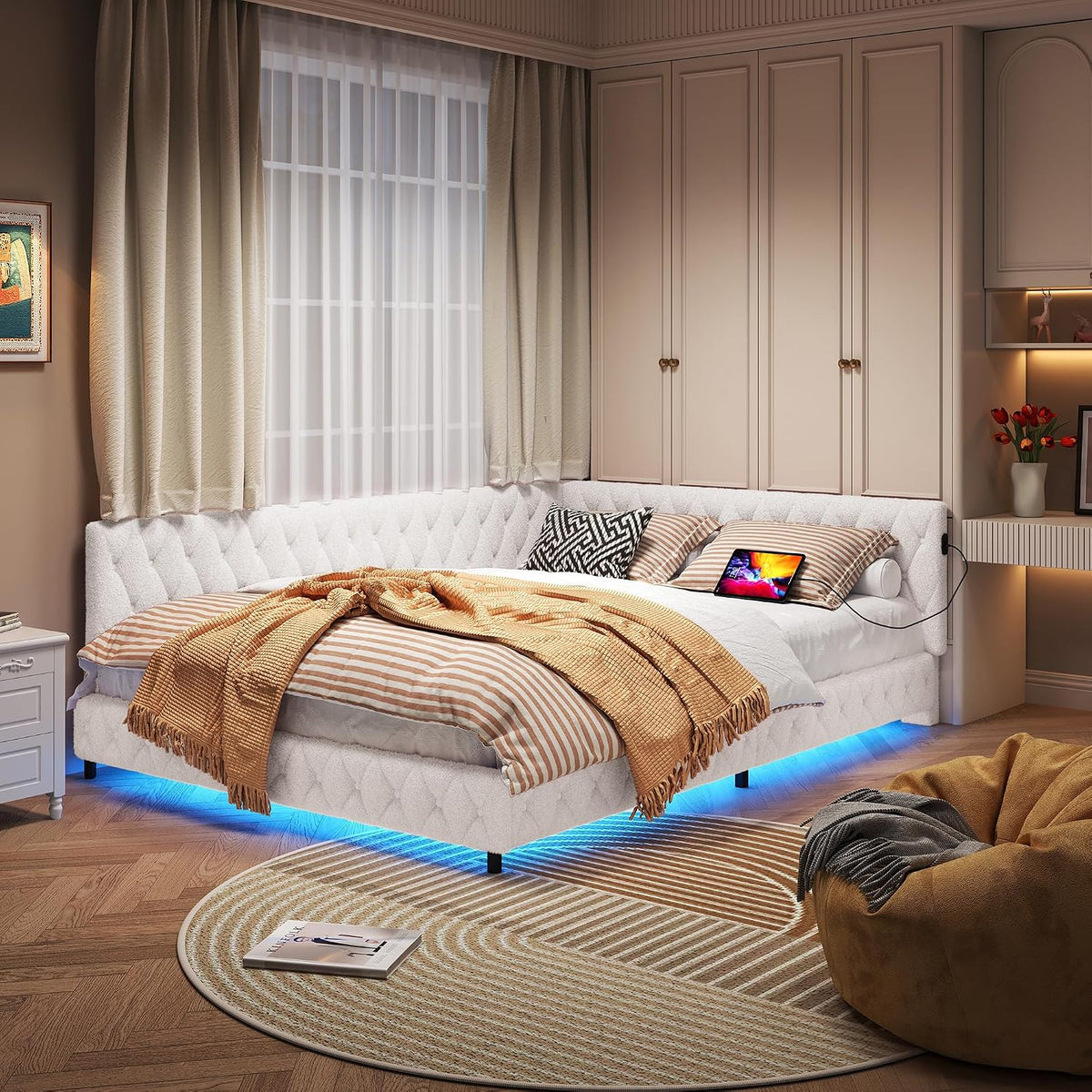 Sofa, BIYFSDS, 140 x 200 cm, Beżowy, metal, 2-osobowa, oświetlenie LED, USB