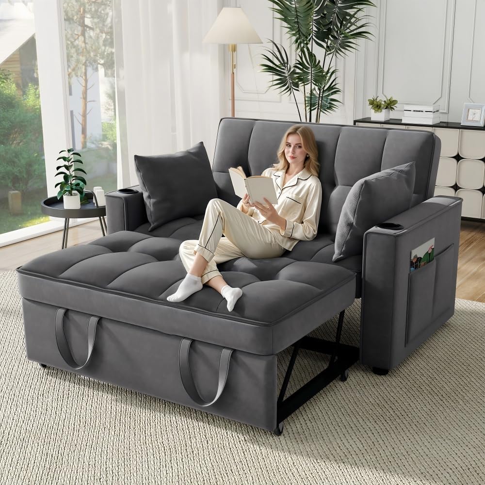 MUZHIXIANG, Sofa rozkładana, 137 x 76,5 x 83 cm, 3 W, Szary, lite drewno, 2-osobowa, funkcja spania, regulowane oparcie, składana konstrukcja, 3 w 1