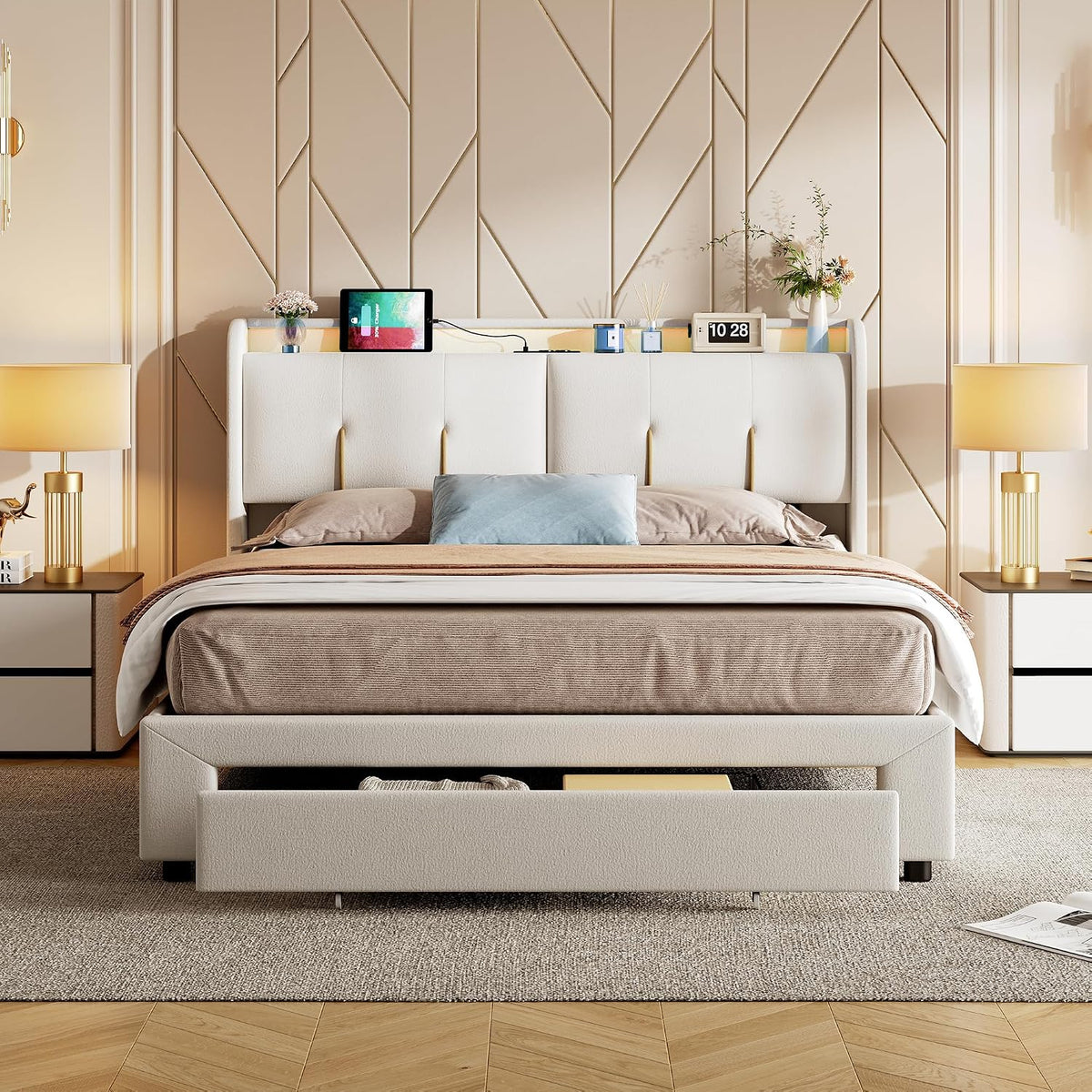 Łóżko tapicerowane, HYTKKBD, 160 x 200 cm, Beżowy/Brązowy, aksamit, 2 szuflad, składana konstrukcja, oświetlenie LED, USB