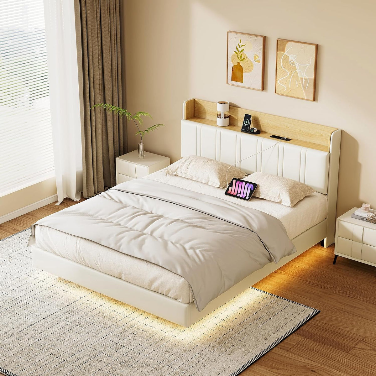 Łóżko tapicerowane, JYNVO, 140x200 cm, Biały/Brązowy, skóra ekologiczna, miejsce do przechowywania, oświetlenie LED, USB, pilot zdalnego sterowania