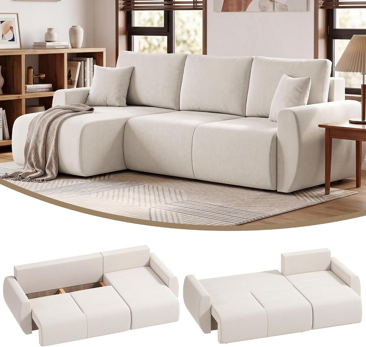 Sofa narożna, HOMCOM, 2 W, 210 x 150 cm, Szary/Biały, aksamit, 3-osobowa, funkcja spania, miejsce do przechowywania, 2 w 1