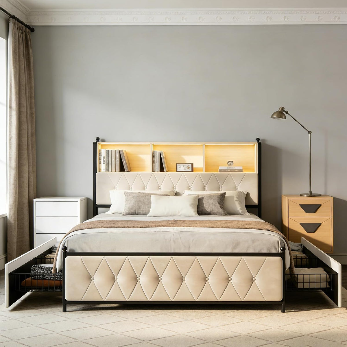 Łóżko tapicerowane, DULRLLY, 180 x 200 cm, 12 V, Szary/Beżowy, MDF, 4 szuflad, oświetlenie LED, USB
