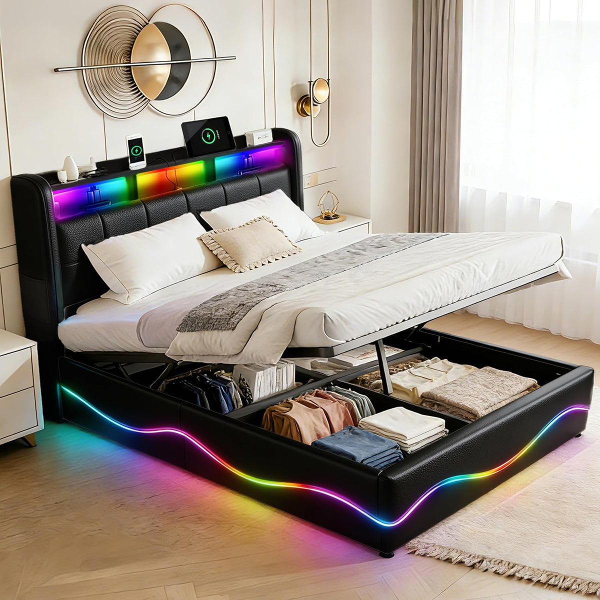 Łóżko tapicerowane, XMFFPM, 160 x 200 cm, Czarny, miejsce do przechowywania, modułowa konstrukcja, oświetlenie LED, USB, pilot zdalnego sterowania