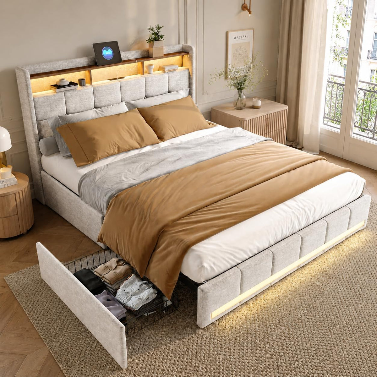 Łóżko tapicerowane, MIOOSUT, 140 x 190 cm, Beżowy, miejsce do przechowywania, 4 szuflad, oświetlenie LED, USB, pilot zdalnego sterowania