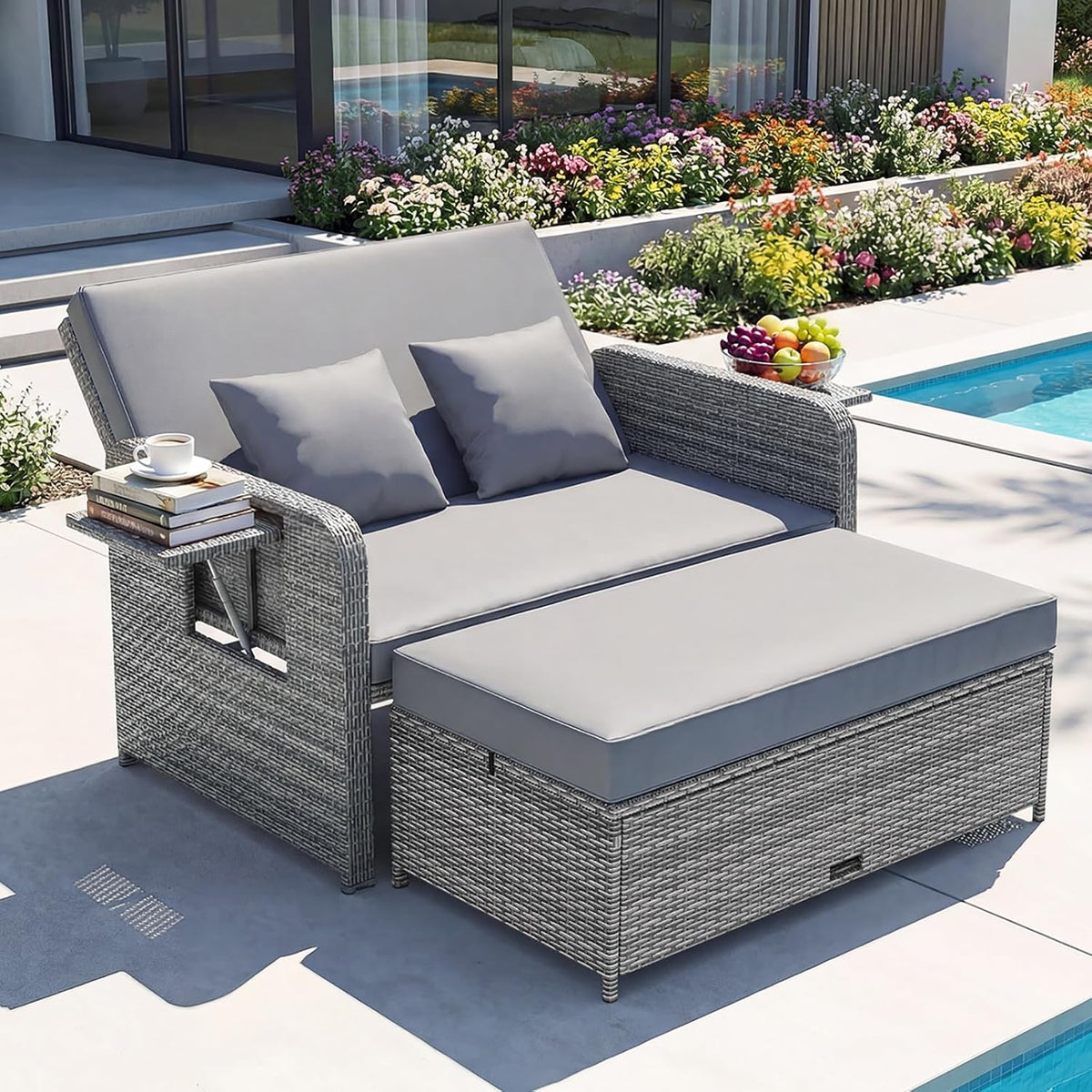 Sofa, GIANTEX, 110x55 cm, Szary/Niebieski, polirattan, regulowane oparcie, składana konstrukcja, ochrona UV, 3 w 1