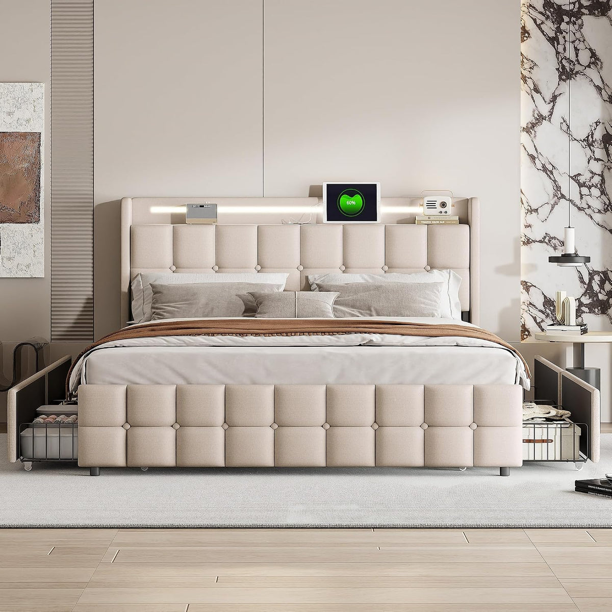 Łóżko kontynentalne, WSOFZMO, 160 x 200 cm, Szary/Beżowy, MDF, 4 szuflad, oświetlenie LED, USB, pilot zdalnego sterowania