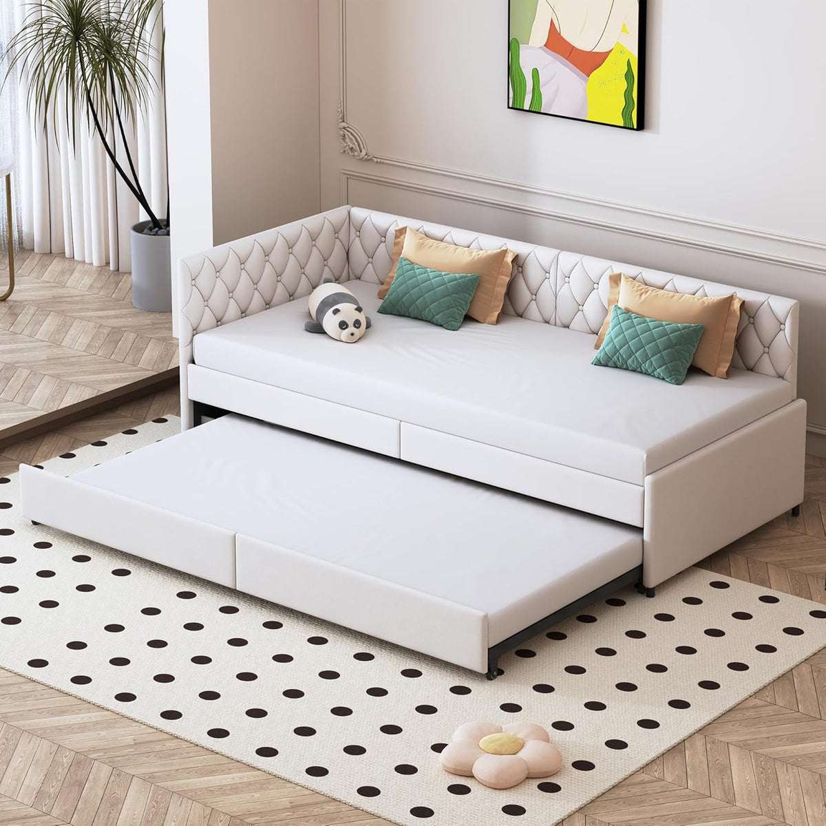 FUCMKON, Sofa rozkładana, 180 x 200 cm, 2 W, Beżowy, aksamit, 2-osobowa, funkcja spania, miejsce do przechowywania, 2 w 1