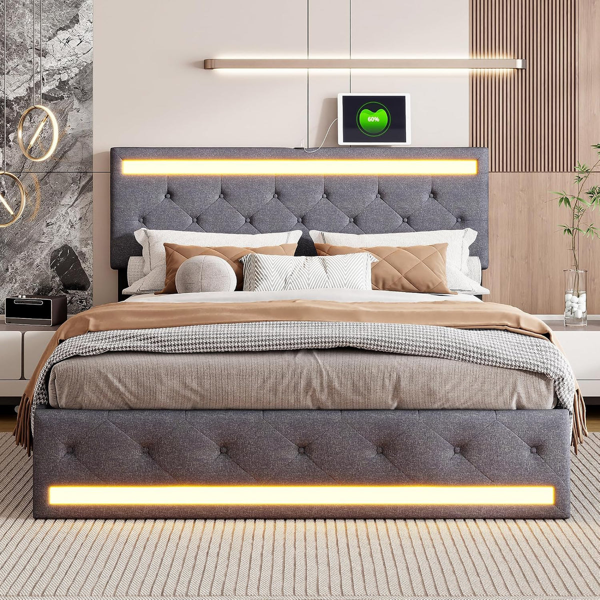 Łóżko tapicerowane, HYNHXBP, 180 x 200 cm, Szary, MDF, 2-osobowe, miejsce do przechowywania, 4 szuflad, oświetlenie LED, USB