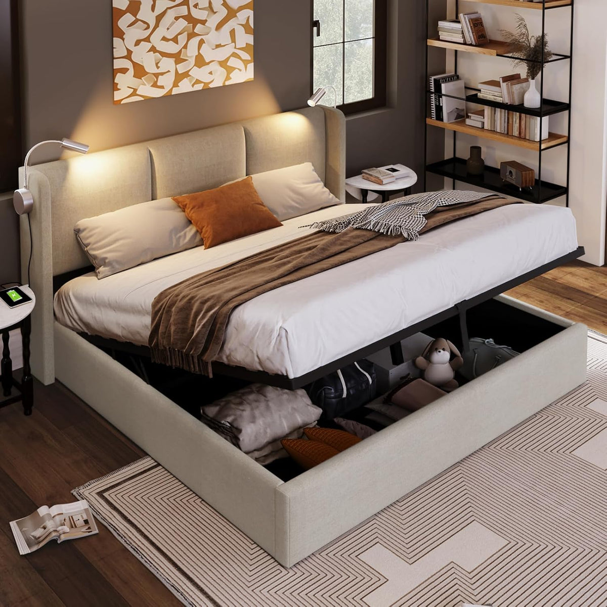 Łóżko tapicerowane, KOOPMAD, 160 x 200 cm, Beżowy, MDF, miejsce do przechowywania, USB