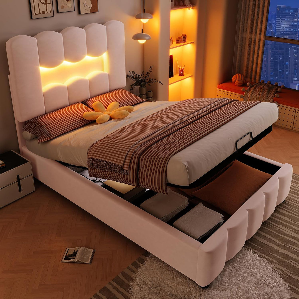 Łóżko tapicerowane, FammyLoft, 90 x 200 cm, Brązowy/Pomarańczowy, MDF, oświetlenie LED