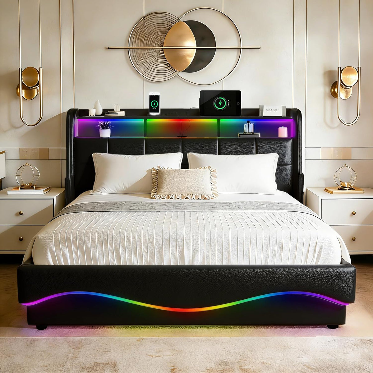 Łóżko tapicerowane, XMFFPM, 140 x 200 cm, Beżowy/Biały, miejsce do przechowywania, modułowa konstrukcja, oświetlenie LED, USB