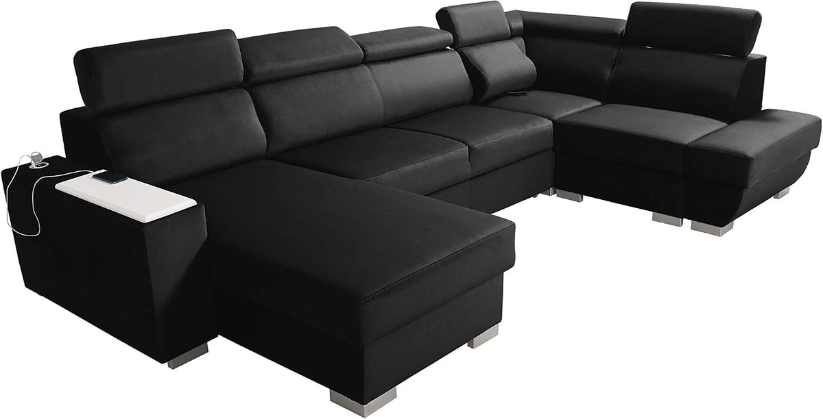 Sofa narożna, Robin, 315 cm, Czarny, funkcja spania, USB