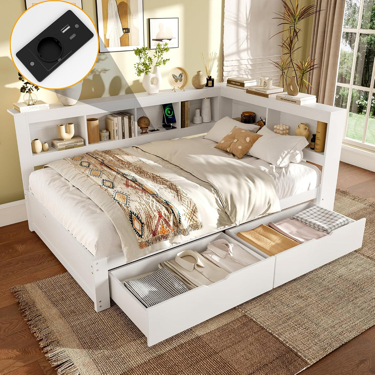 Generisch, Sofa, 140 x 200 cm, 40 litrów, Biały, MDF, funkcja spania, 2 szuflad, USB