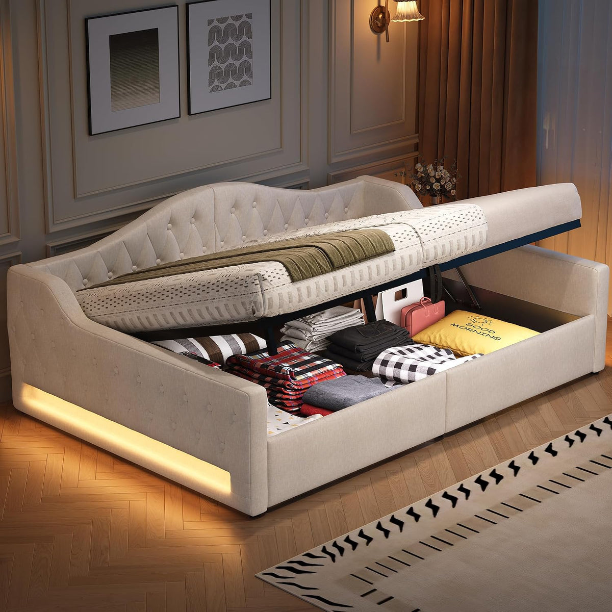 Sofa, Generisch, 140 x 200 cm, Beżowy, oświetlenie LED
