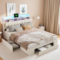 Aneutr, Łóżko tapicerowane, 145 x 217 x 108 cm, Beżowy, aksamit, miejsce do przechowywania, 3 szuflad, oświetlenie LED, USB, pilot zdalnego sterowania
