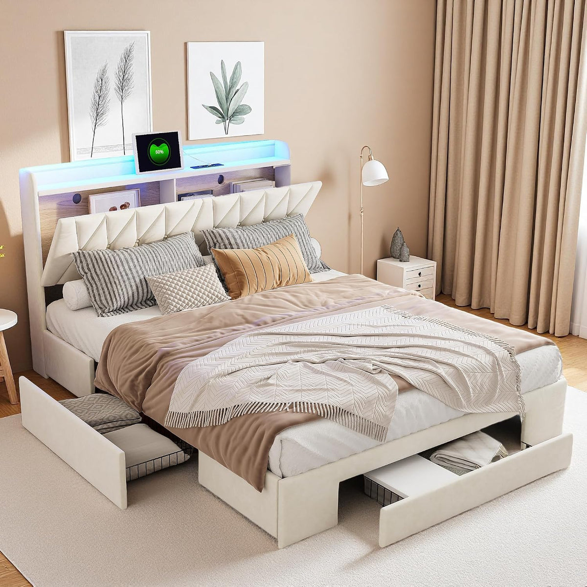 Aneutr, Łóżko tapicerowane, 145 x 217 x 108 cm, Beżowy, aksamit, miejsce do przechowywania, 3 szuflad, oświetlenie LED, USB, pilot zdalnego sterowania