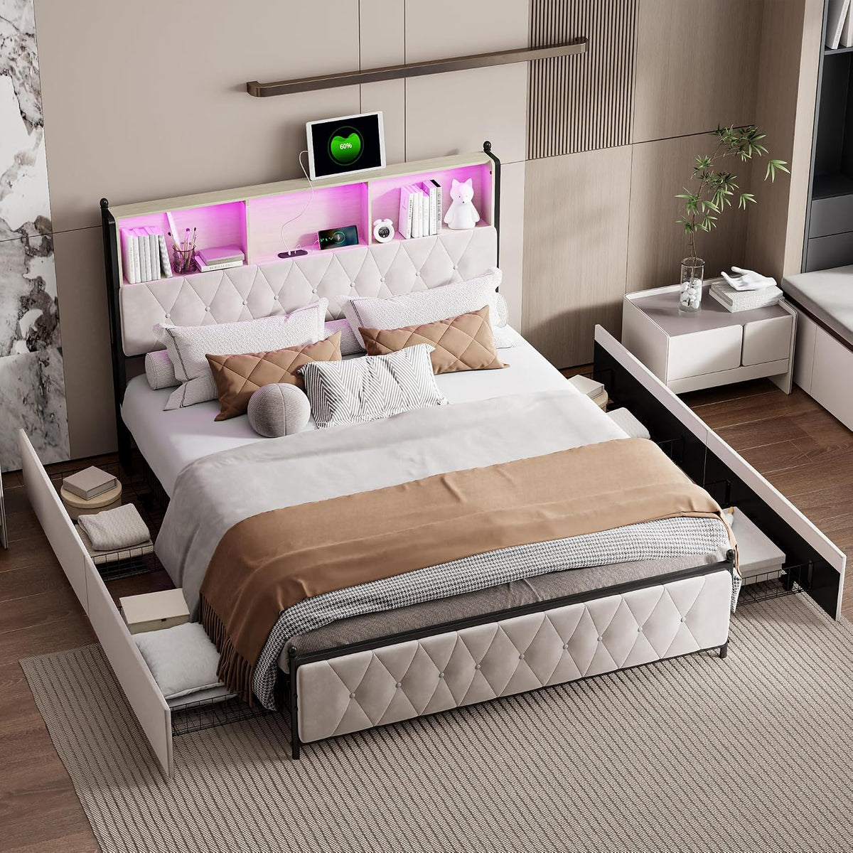 Łóżko tapicerowane, Tanant, 160 x 200 cm, Beżowy/Brązowy, 4 szuflad, oświetlenie LED, USB