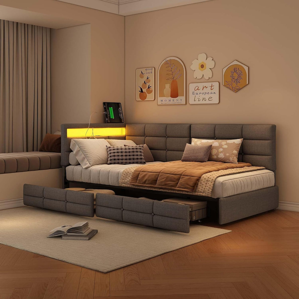 Sofa, DAHUEN, 90 x 200 cm, Brązowy, MDF, funkcja spania, 2 szuflad, oświetlenie LED, USB