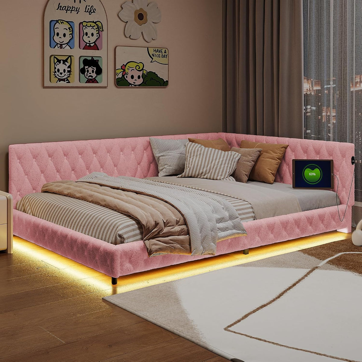 Łóżko tapicerowane, CXHLXYR, 140 x 200 cm, Różowy, metal, 2-osobow, oświetlenie LED, USB