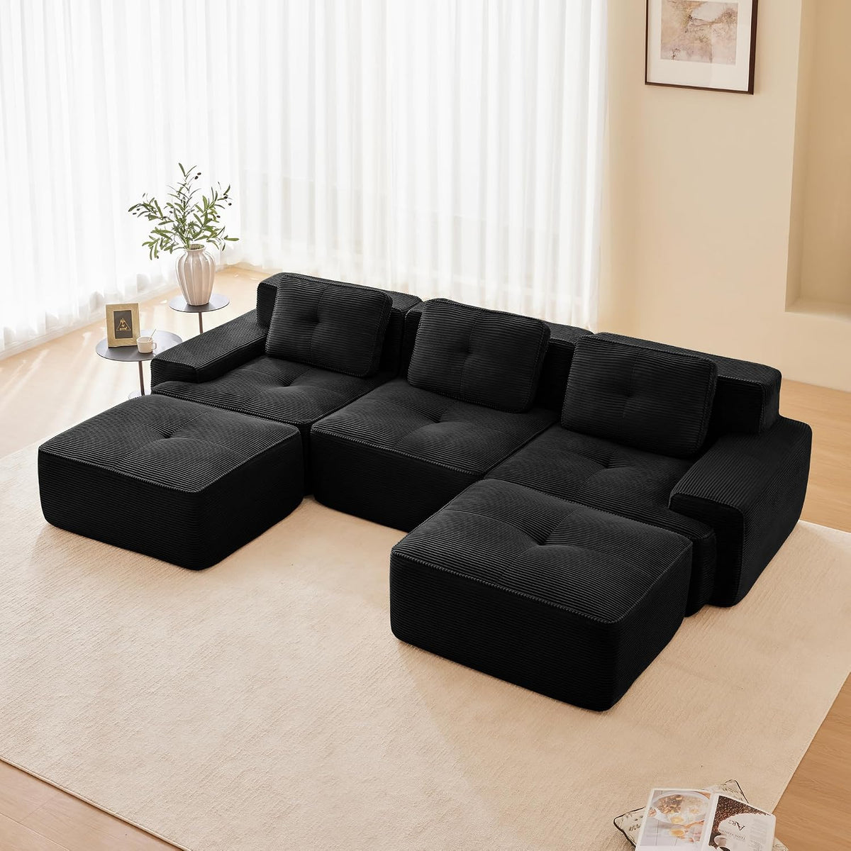 Luscriate, Sofa, 74 cm, Czarny, sztruks, 3-osobowa, funkcja spania, modułowa konstrukcja