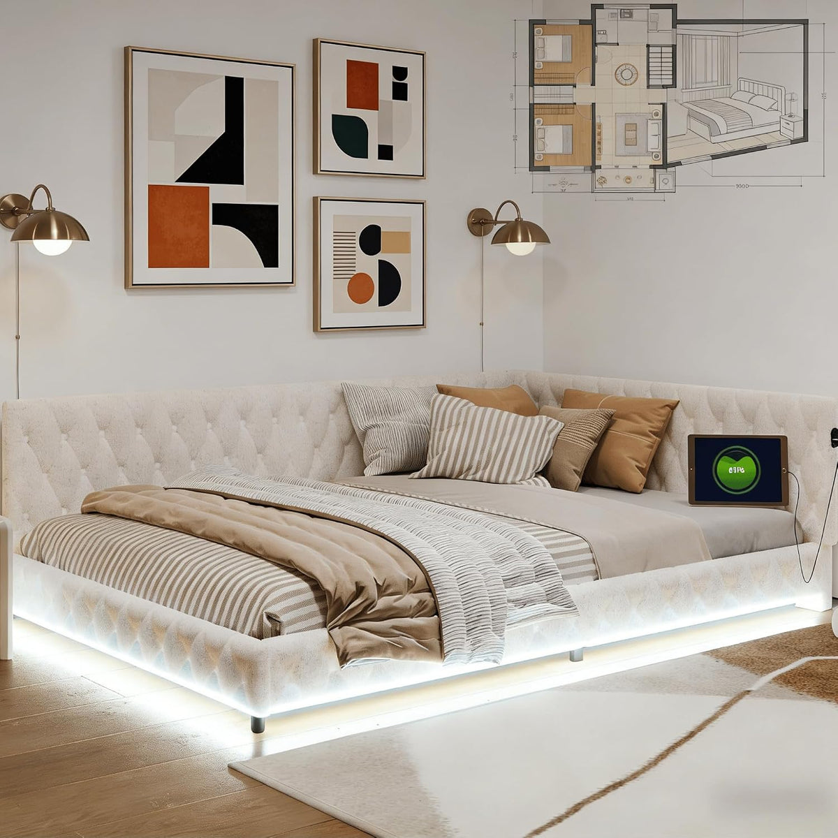 Sofa, Julyue, 140 x 200 cm, Szary/Beżowy, MDF, funkcja spania, oświetlenie LED, USB
