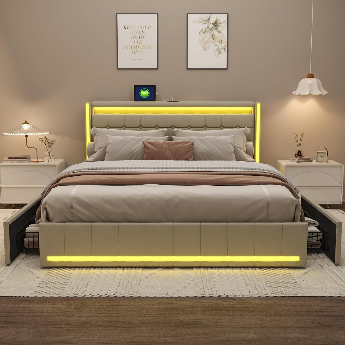 Łóżko tapicerowane, BRILVERDE, 180 x 200 cm, Beżowy, miejsce do przechowywania, 4 szuflad, oświetlenie LED, USB, pilot zdalnego sterowania