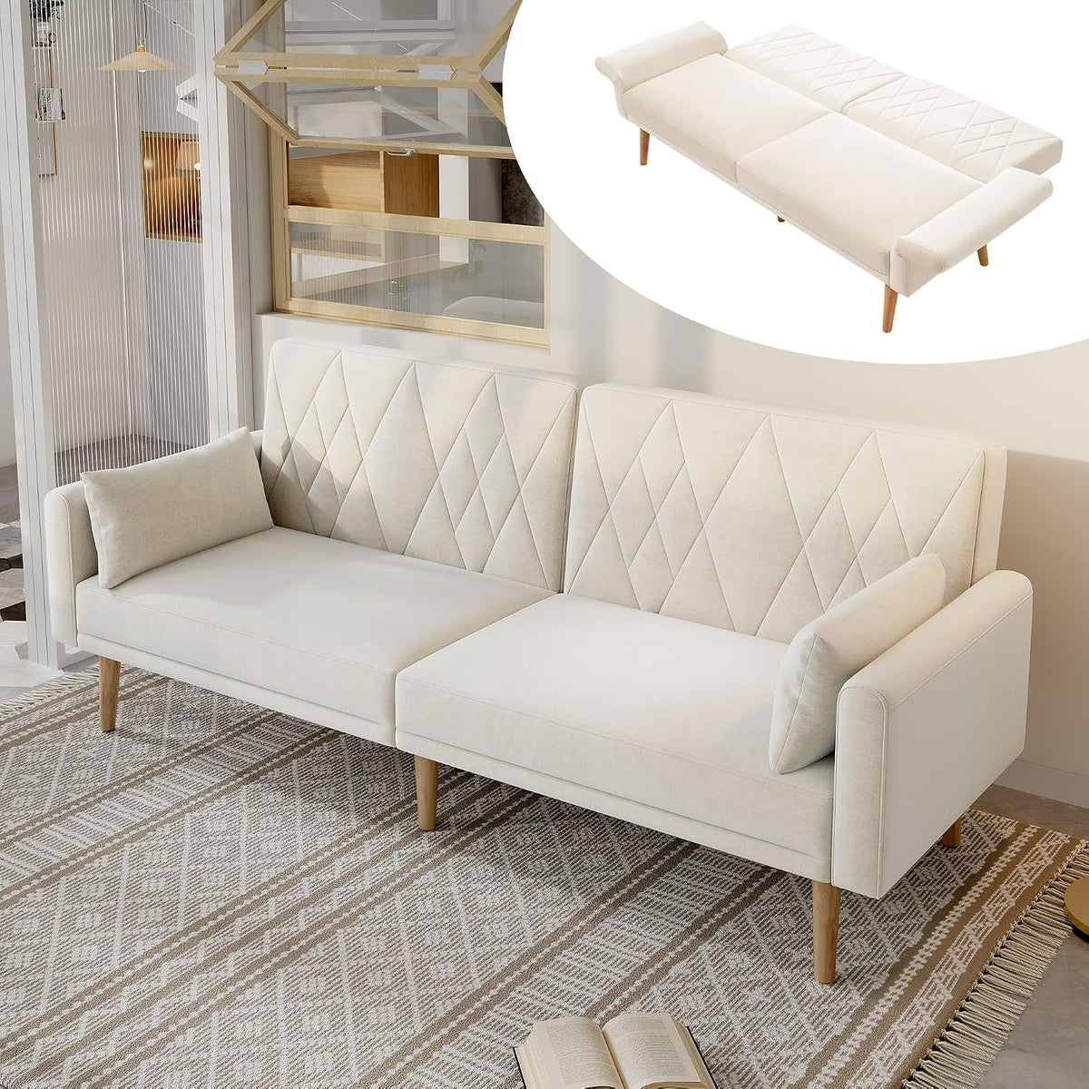 Sofa, Arhatreya, 180 x 75 x 82 cm, Szary/Beżowy, lite drewno, 2-osobowa, funkcja spania