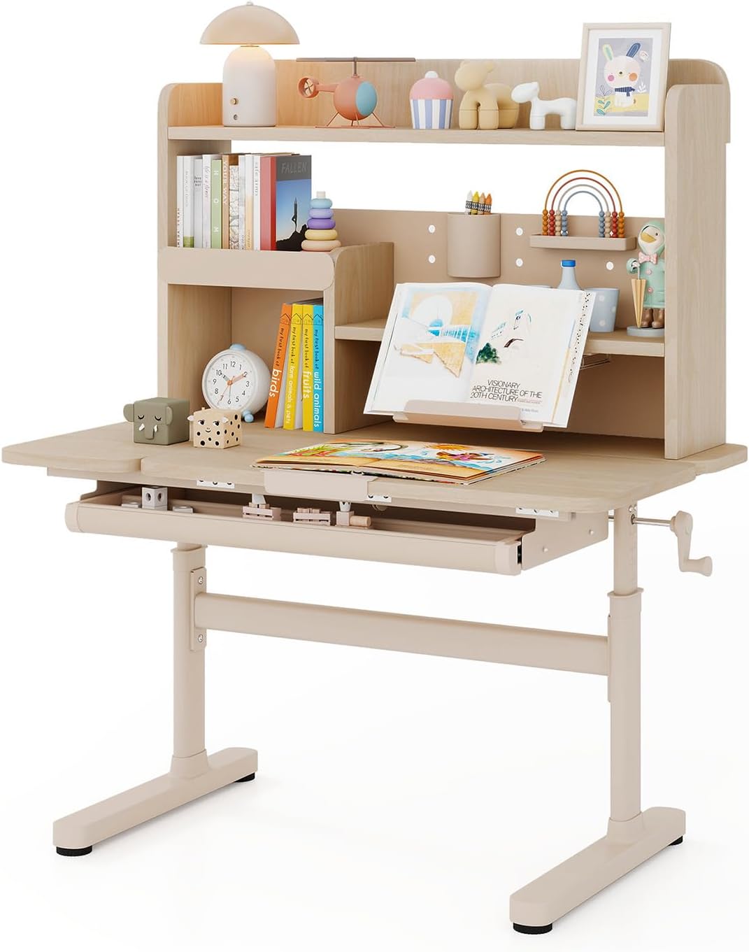 Biurko, COSTWAY, 74 cm, Beżowy/Biały, MDF, miejsce do przechowywania, regulowana wysokość