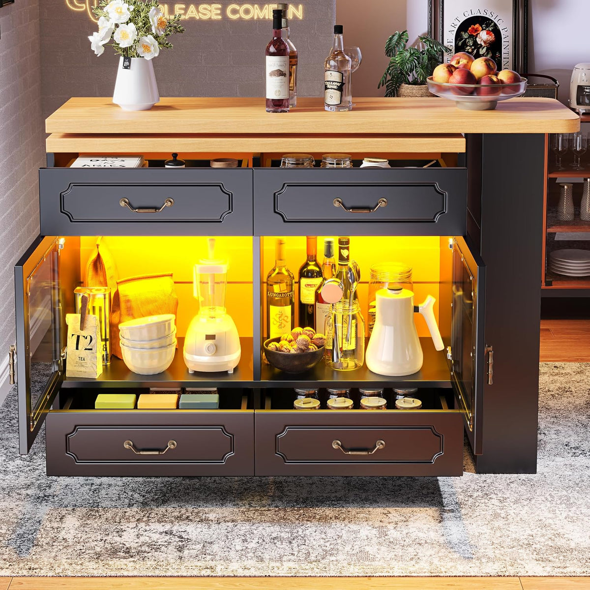 Stół, kowdom, 203 cm, Brązowy/Czerwony, MDF, 4 szuflad, oświetlenie LED, USB