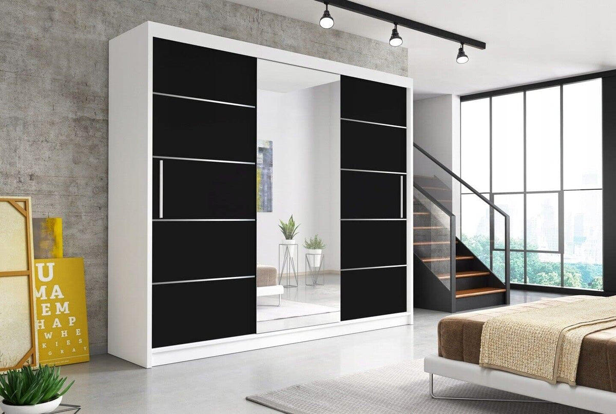 Szafa do sypialni, ML Furniture Ltd, 250 cm, Biały/Czarny, metal, oświetlenie LED
