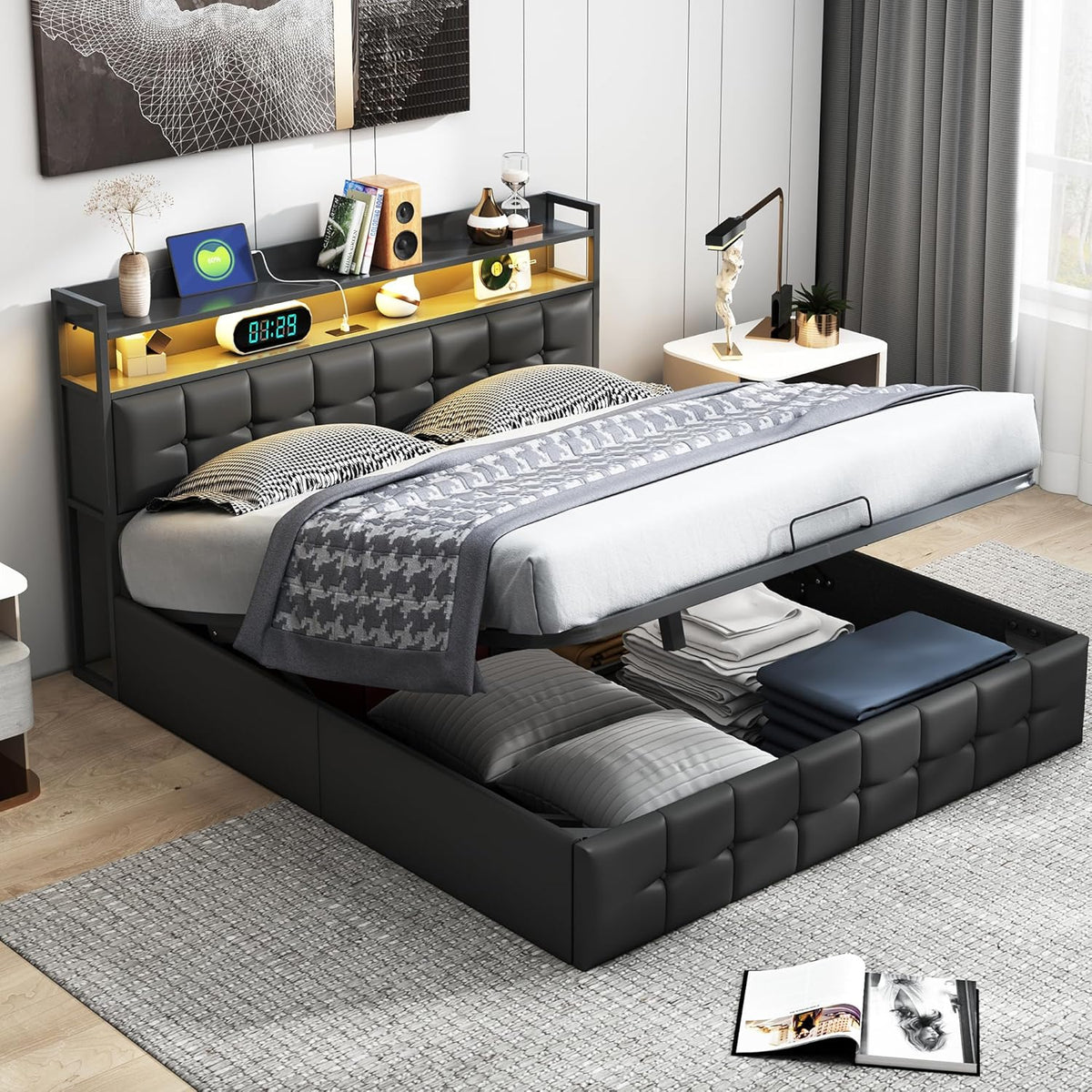 Rama łóżka, MCDSAJ, 140 x 200 cm, Czarny, MDF, oświetlenie LED, USB