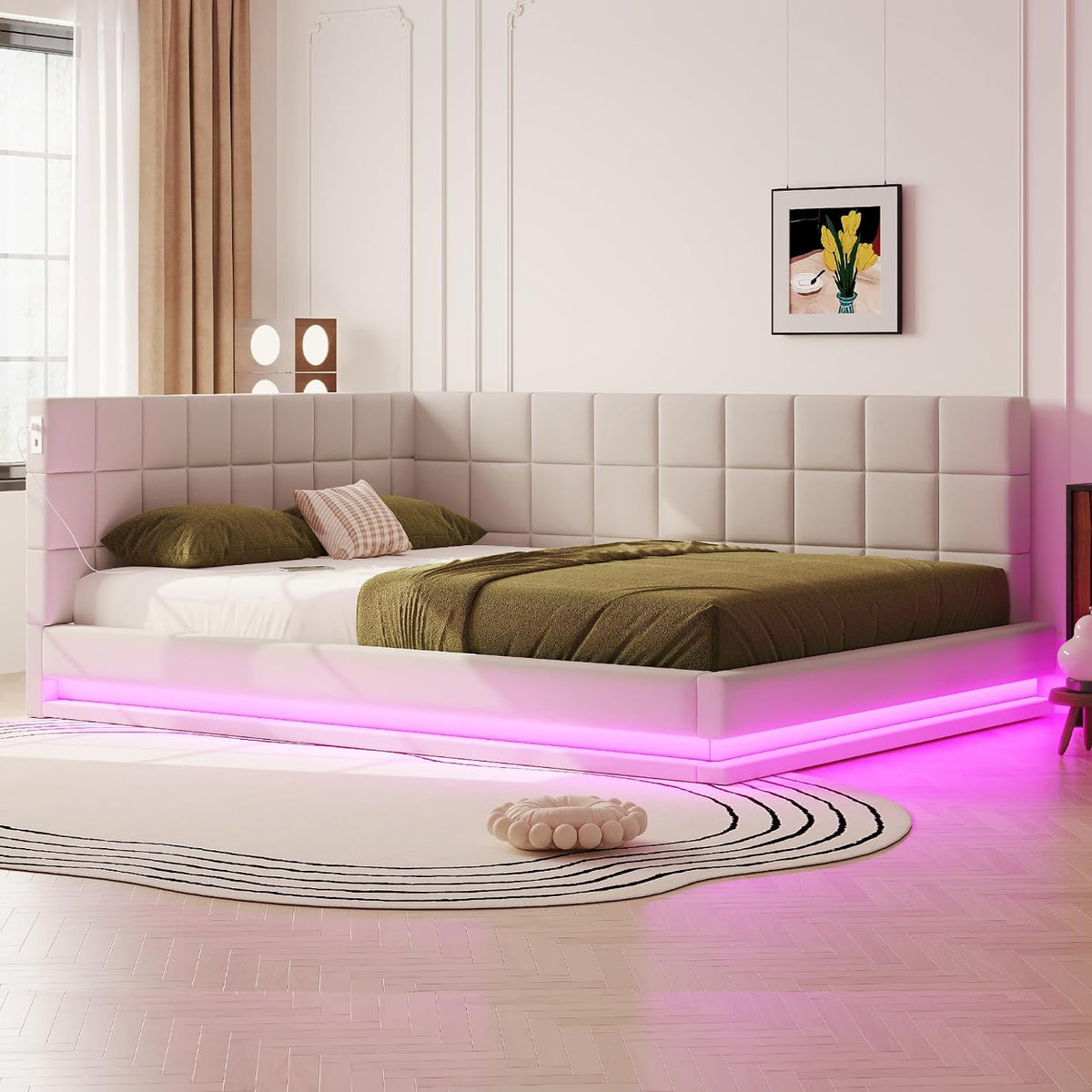 Sofa, Goldicoo, 160 x 200 cm, Beżowy, MDF, funkcja spania, oświetlenie LED, USB