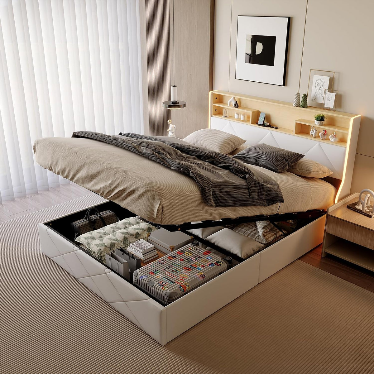 Łóżko kontynentalne, PerGar, 140 x 200 cm, Biały, miejsce do przechowywania, oświetlenie LED, USB