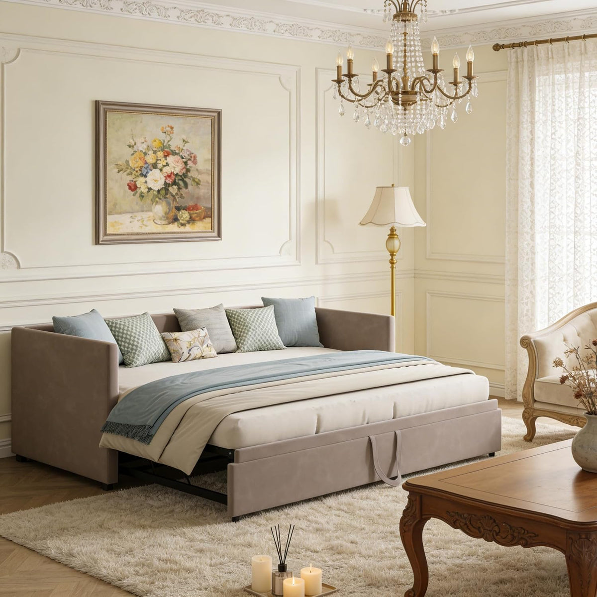 Sofa rozkładana, Plcnn, 180 x 200 cm, 2 W, Szary, MDF, 2-osobowa, składana konstrukcja, 2 w 1