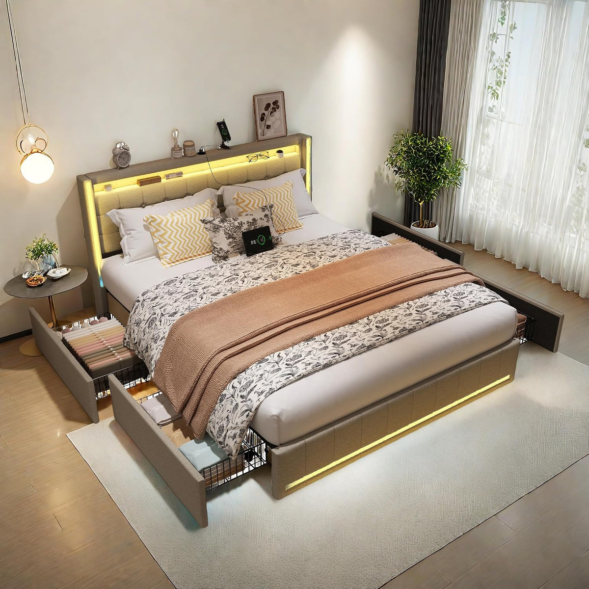 Łóżko tapicerowane, KeepGoon, 180 x 200 cm, Beżowy, 4 szuflad, oświetlenie LED, USB, pilot zdalnego sterowania