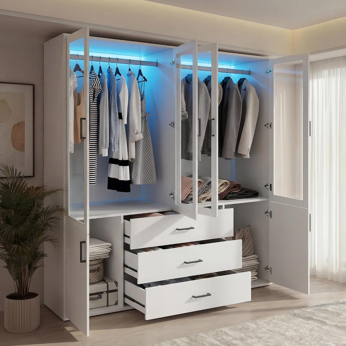 JiaOyu, Szafa do sypialni, 160 cm, Biały, płyta wiórowa, 3 szuflad, oświetlenie LED