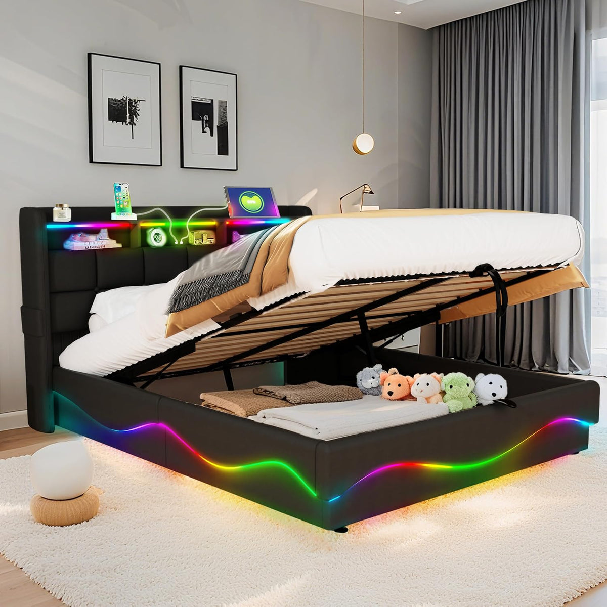 Rama łóżka, XMETPR, 160x200 cm, Czarny, miejsce do przechowywania, oświetlenie LED, USB/Type-C, pilot zdalnego sterowania